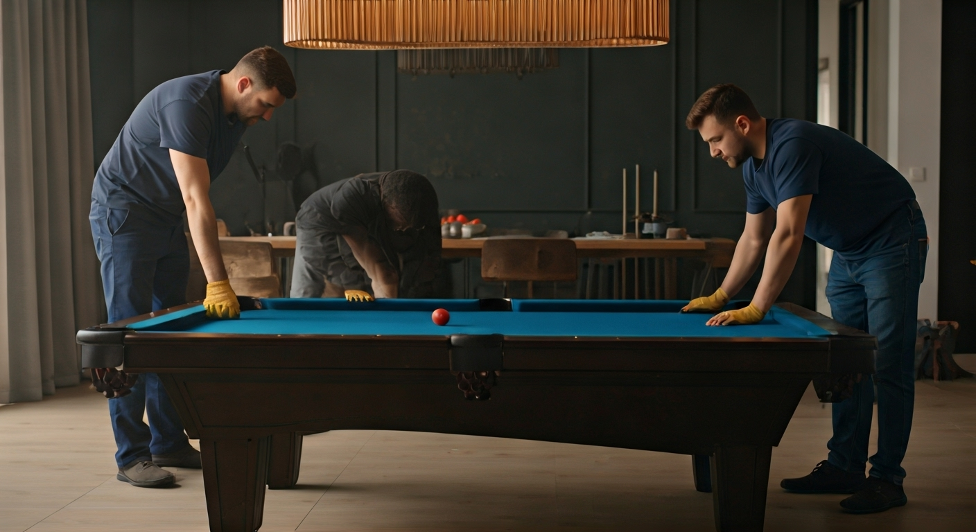 Technicians reassembling pool table
