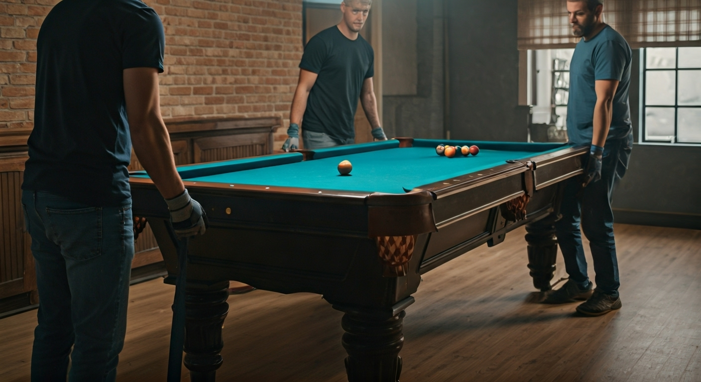 Team moving pool table indoors