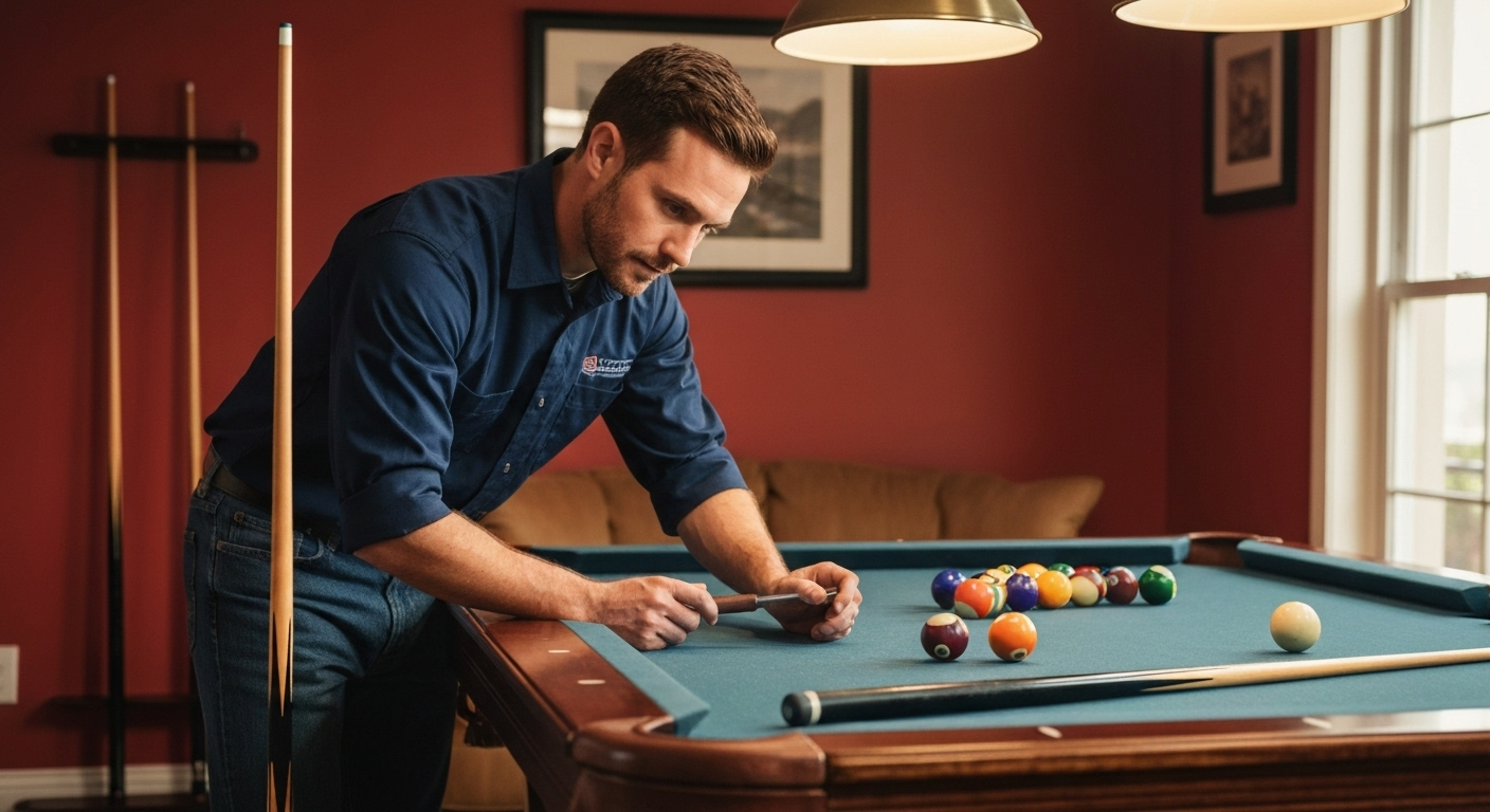 Technician repairing home pool table