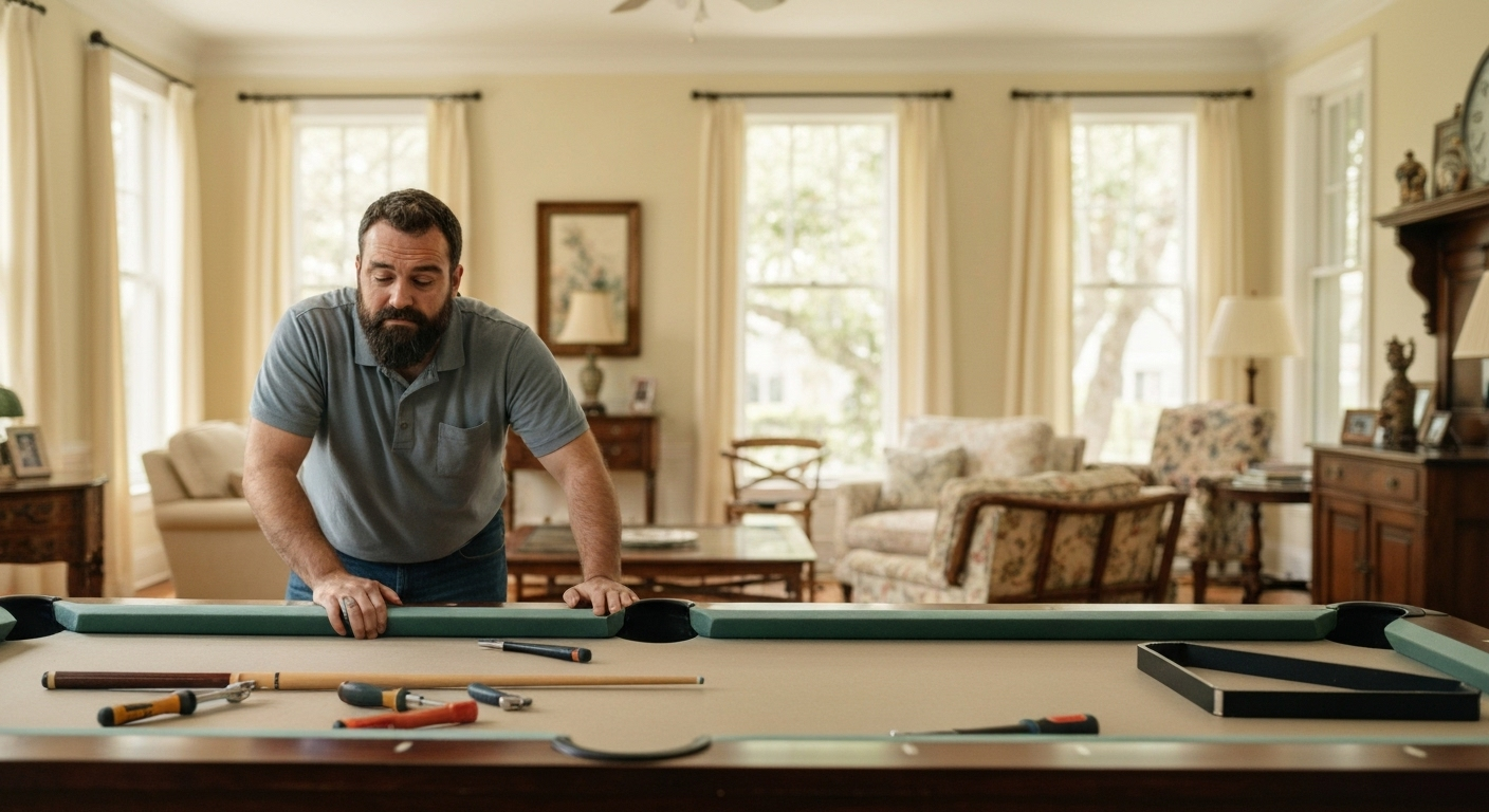 Homeowner struggling with pool table assembly.
