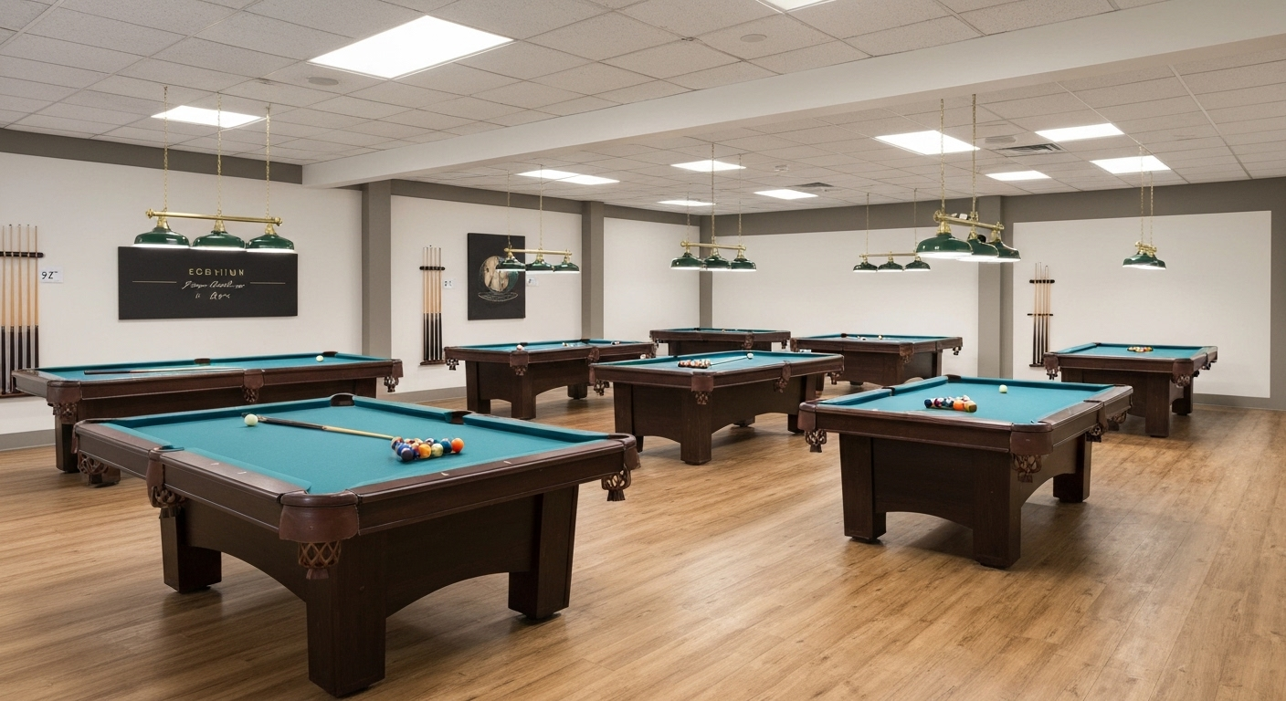 Showroom of various sized pool tables