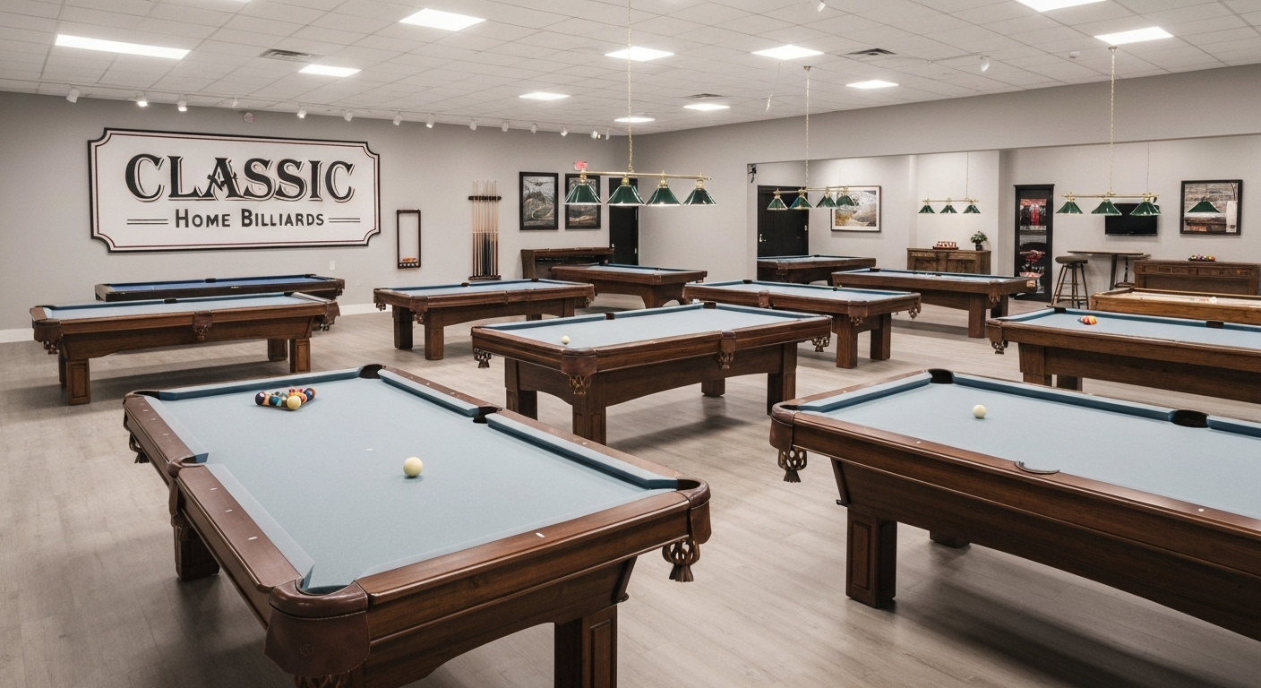 Showroom with various pool tables.