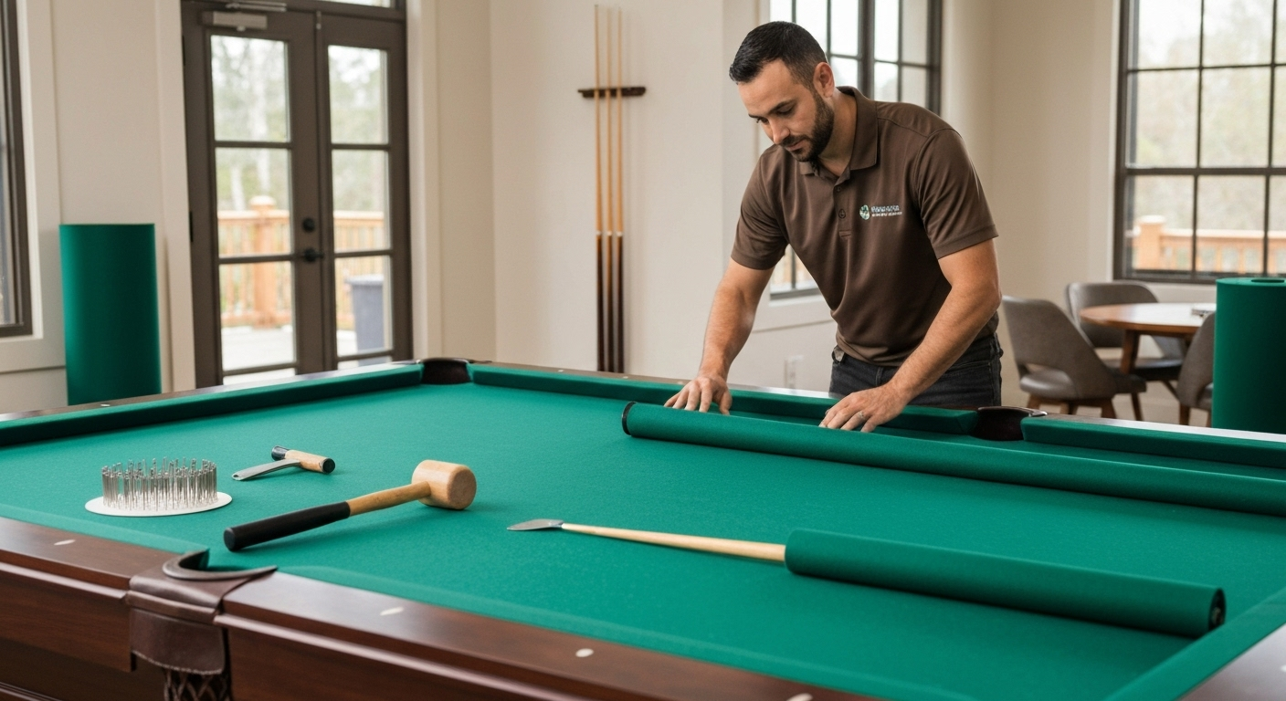 Professional refelting pool table scene