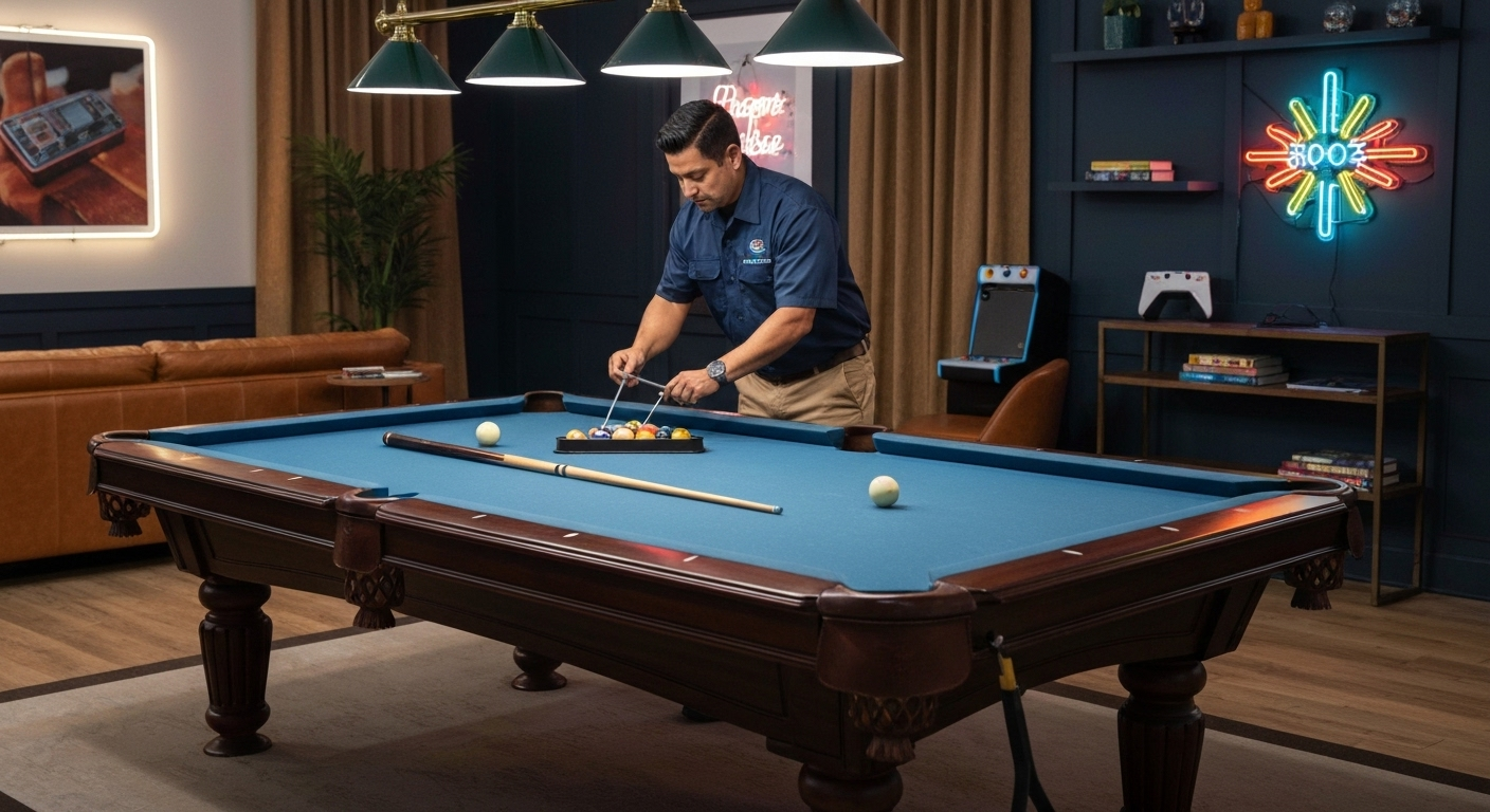 Pool table maintenance in action.