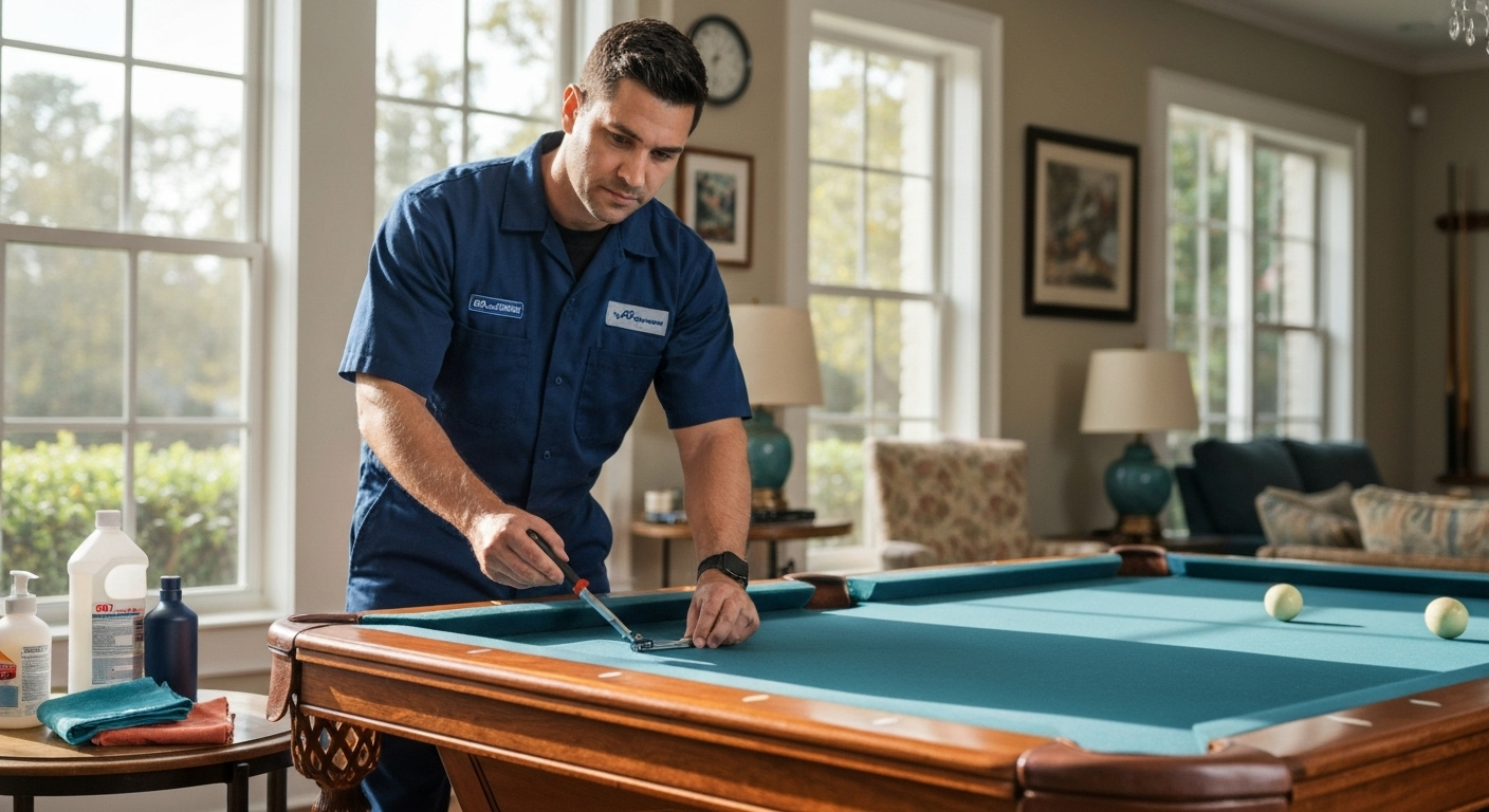 Technician maintaining pool table