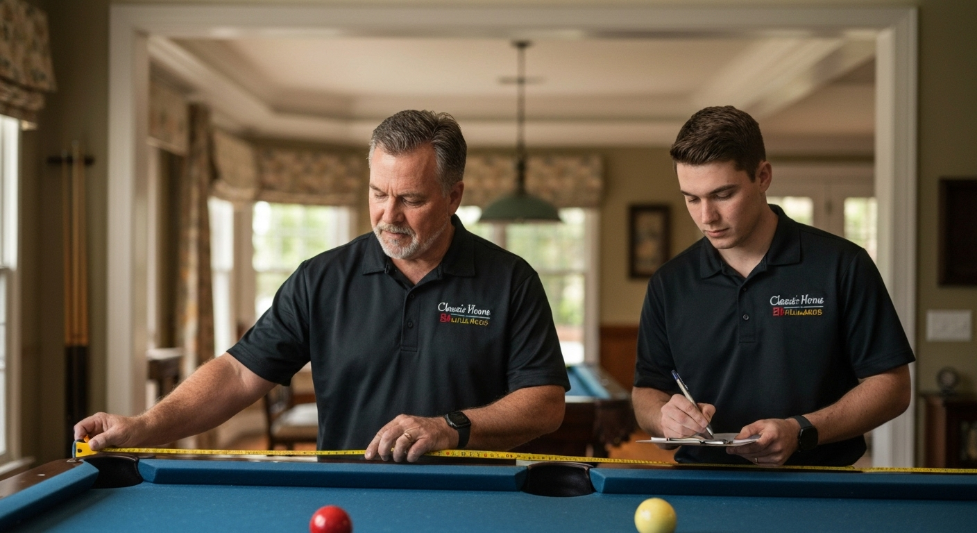 Installers measuring room for pool table