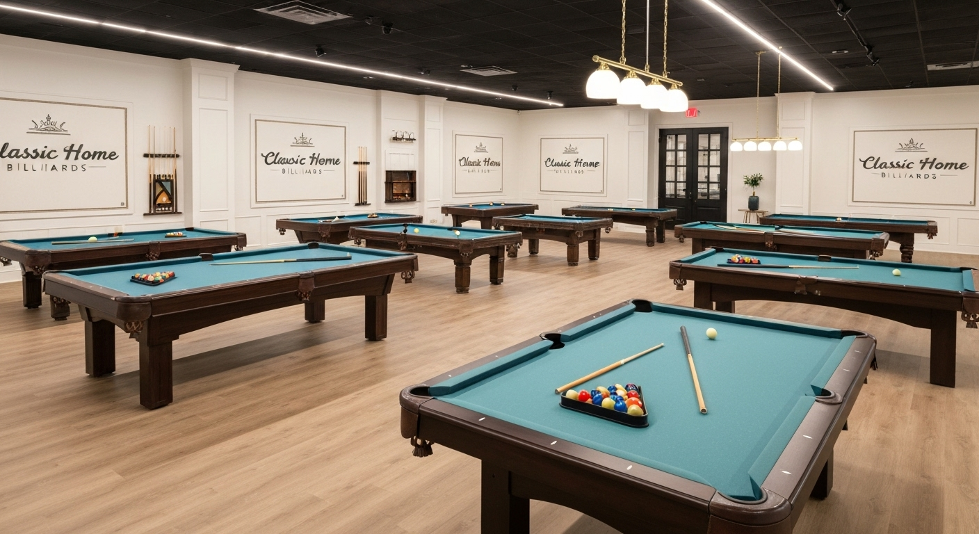 Pool tables with Classic Home Billiards logo