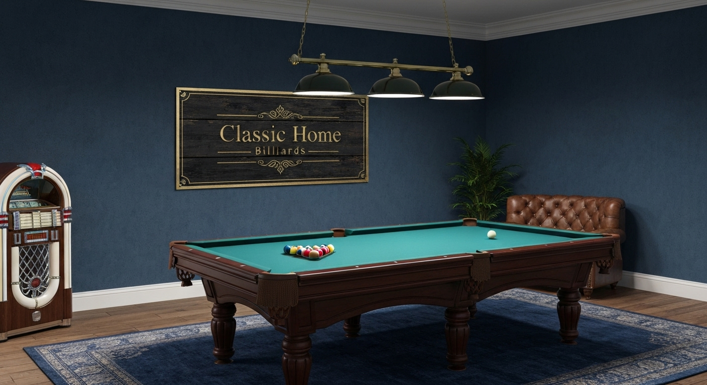 Pool table in upscale home, Classic Home Billiards signage