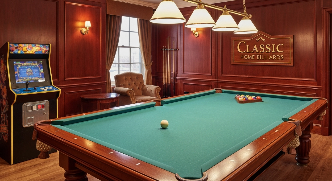Elegant game room with pool table, company sign