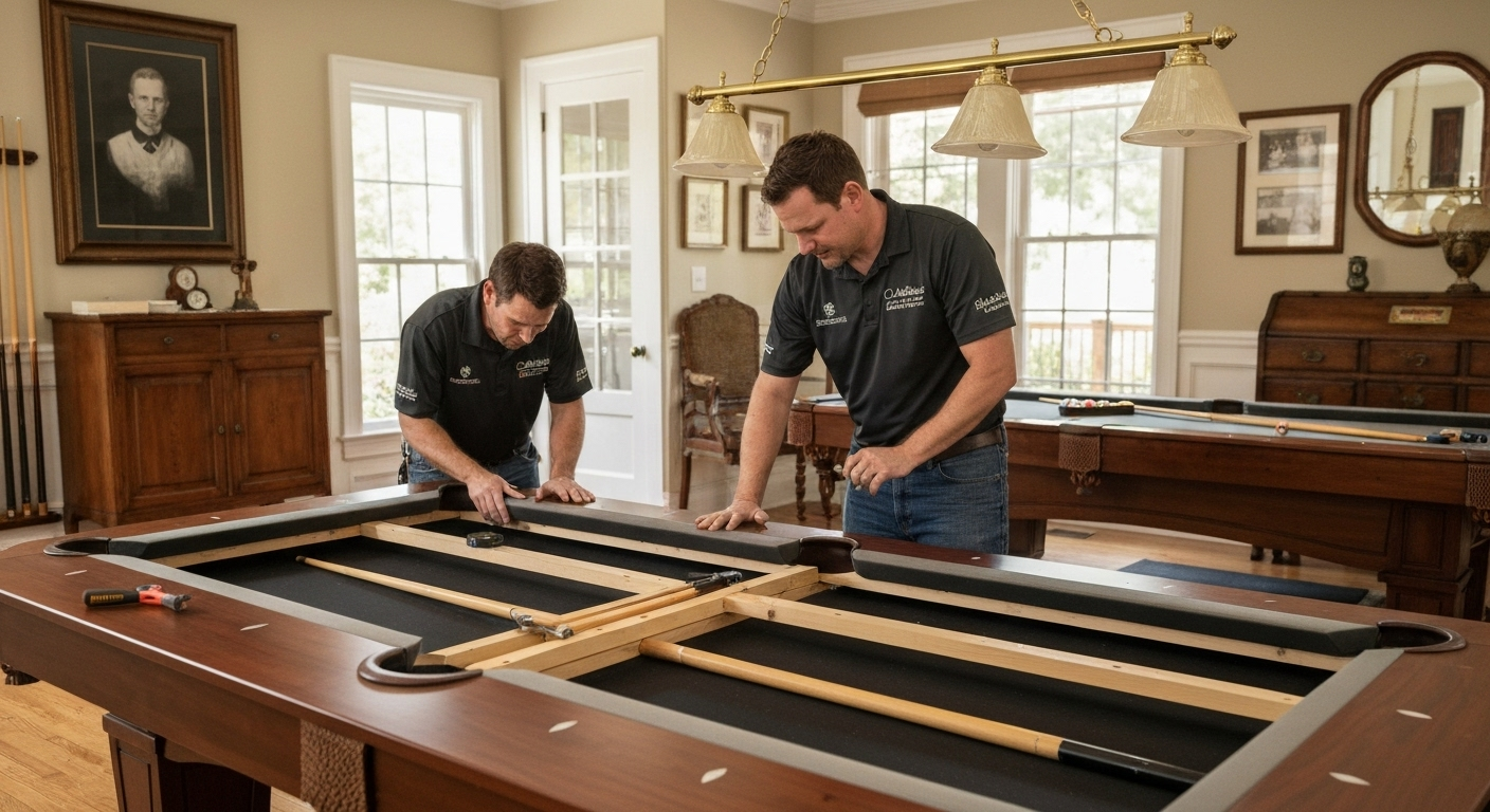 Pool table installers with branded shirts
