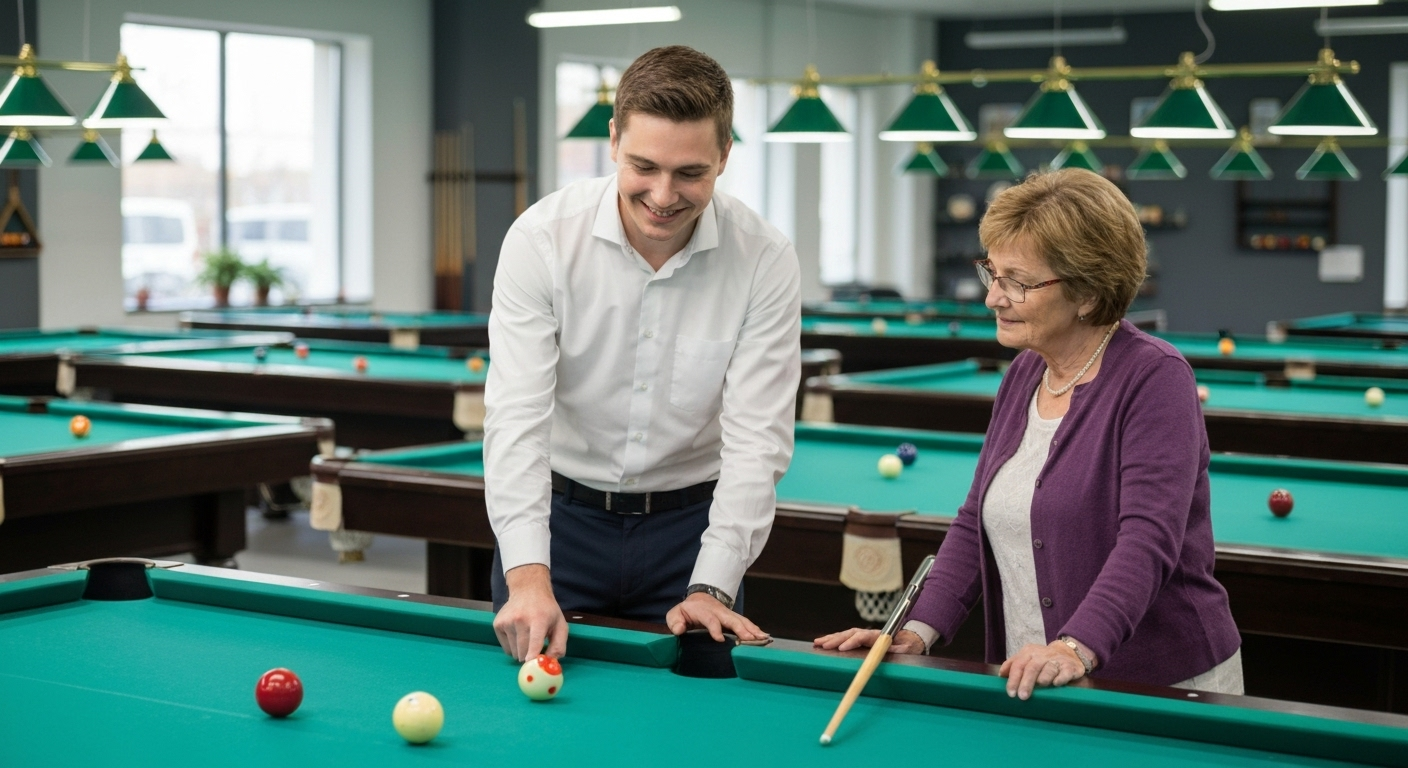 billiard specialist assisting visitor