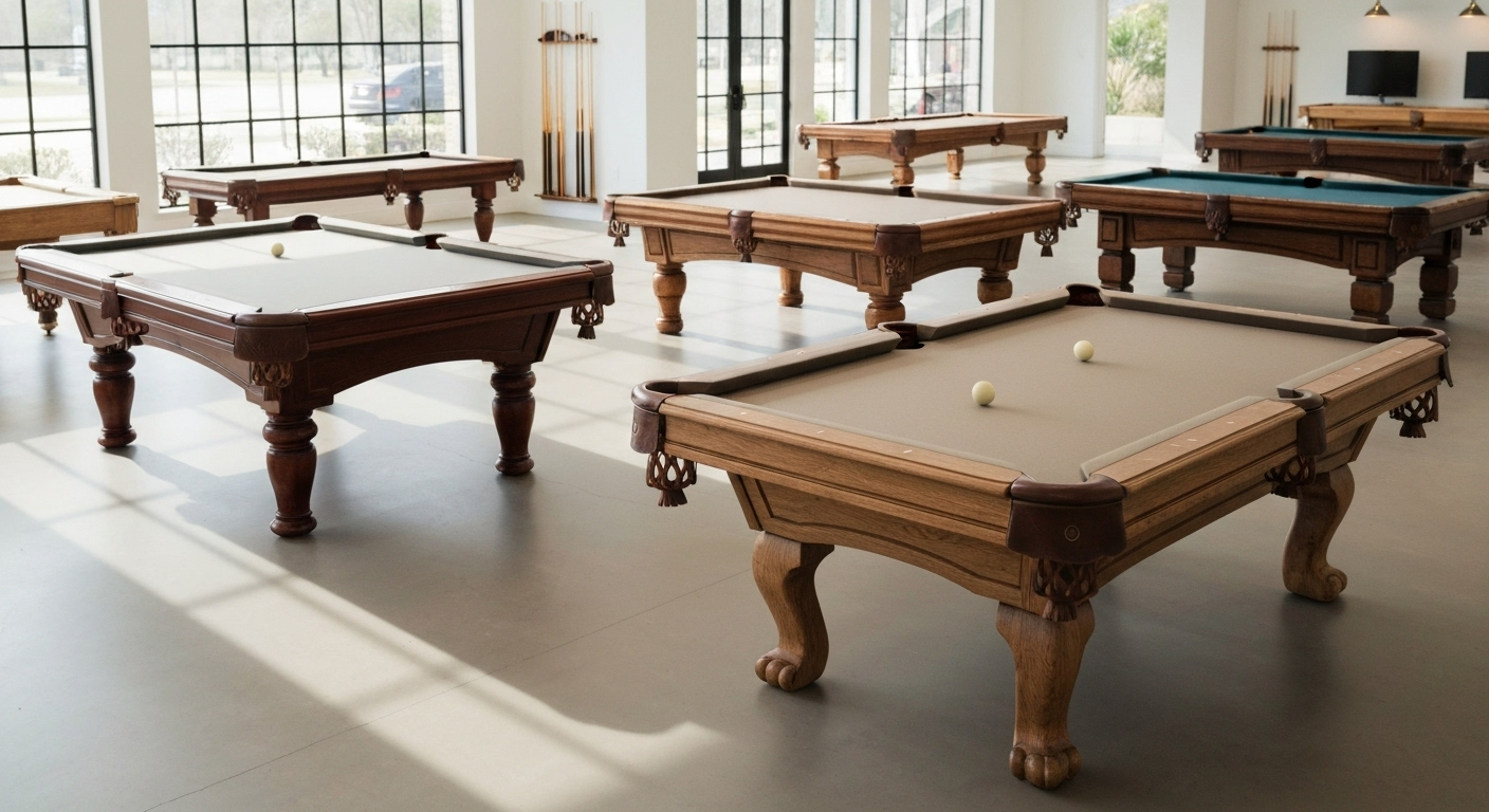Pool tables in a showroom.