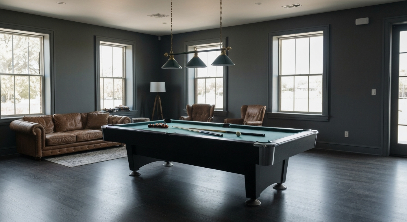 Spacious game room with pool table.