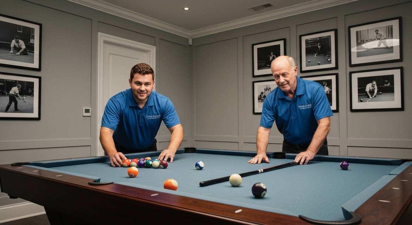 Workers installing luxury pool table.