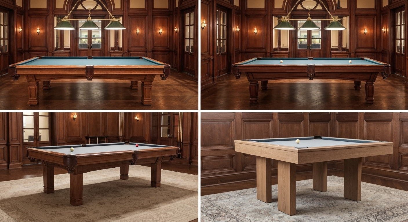Pool tables compared in elegant room.