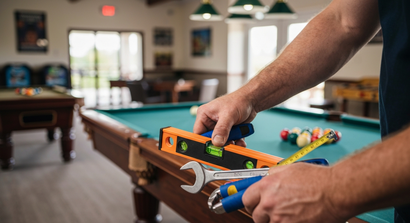 DIY tools beside a pool table