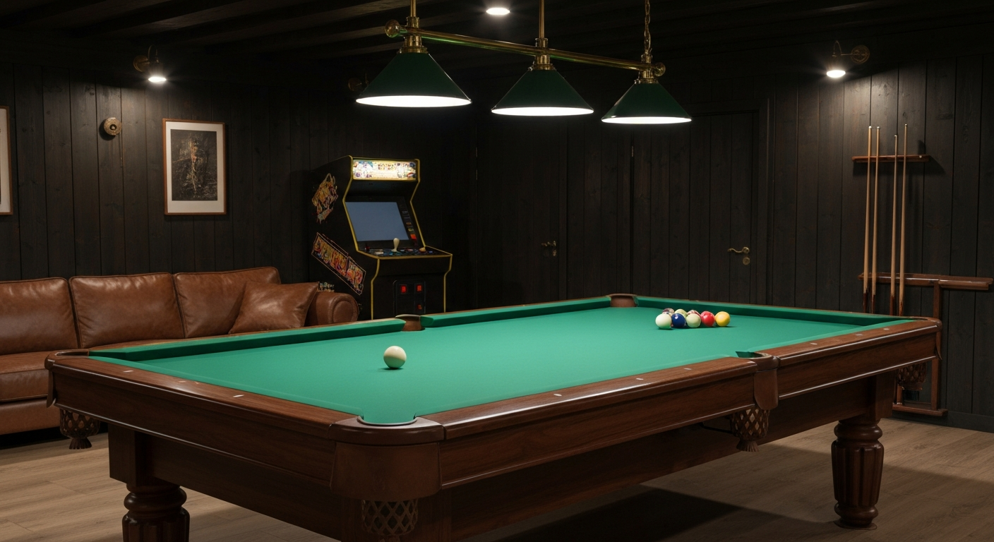 Well-kept pool table in game room. Well-kept pool table in game room.