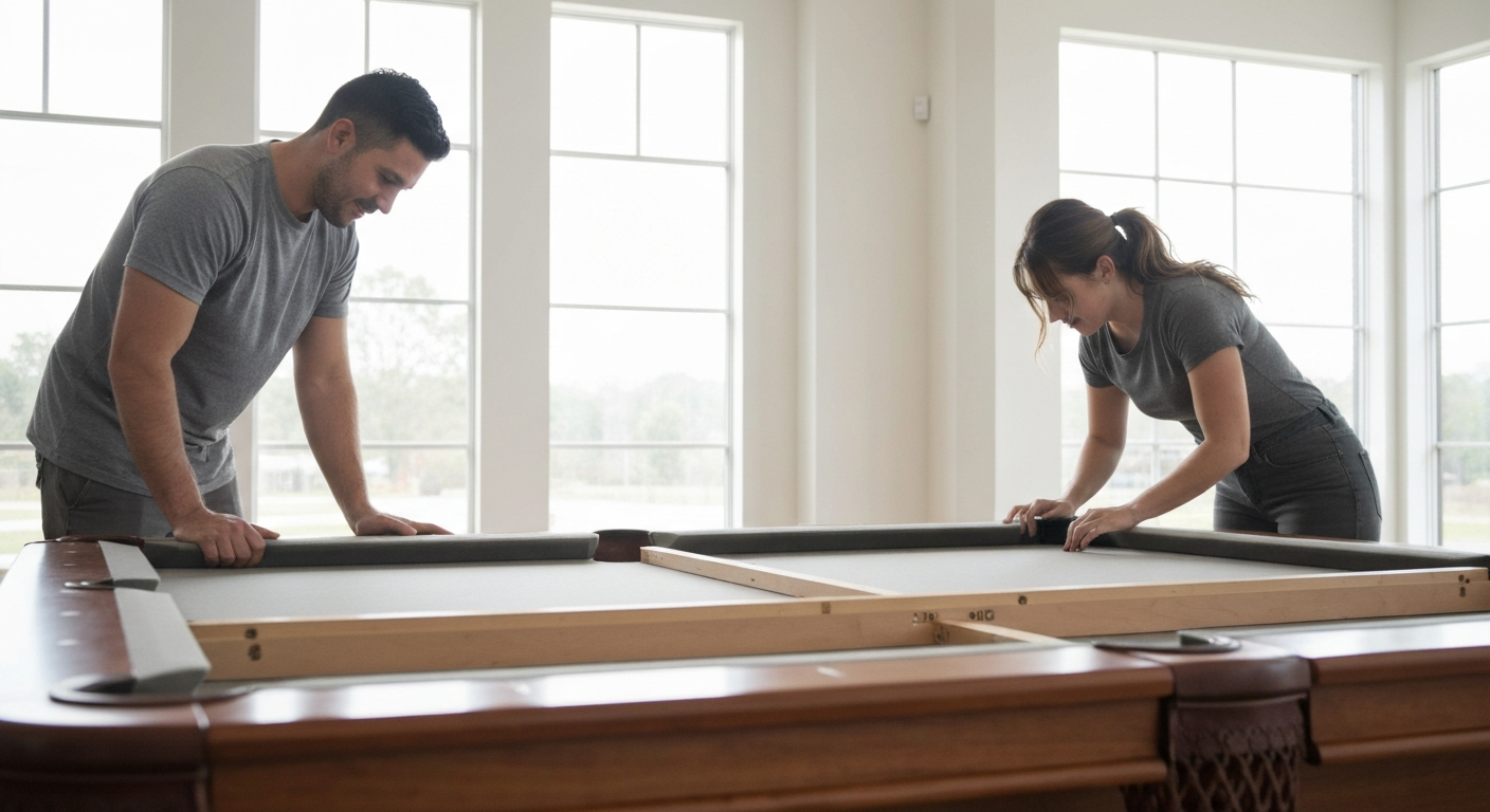 People assembling pool table