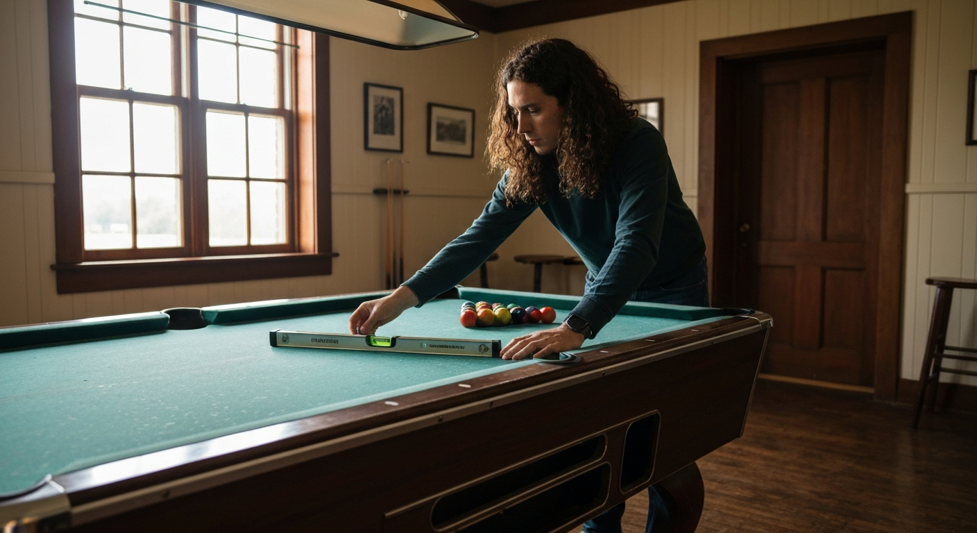 Checking pool table with level tool