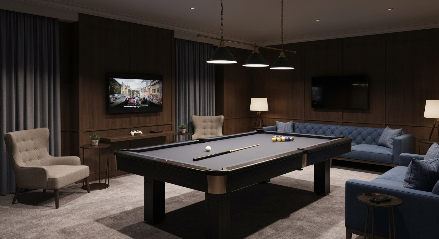 Modern game room with pool table Modern game room with pool table