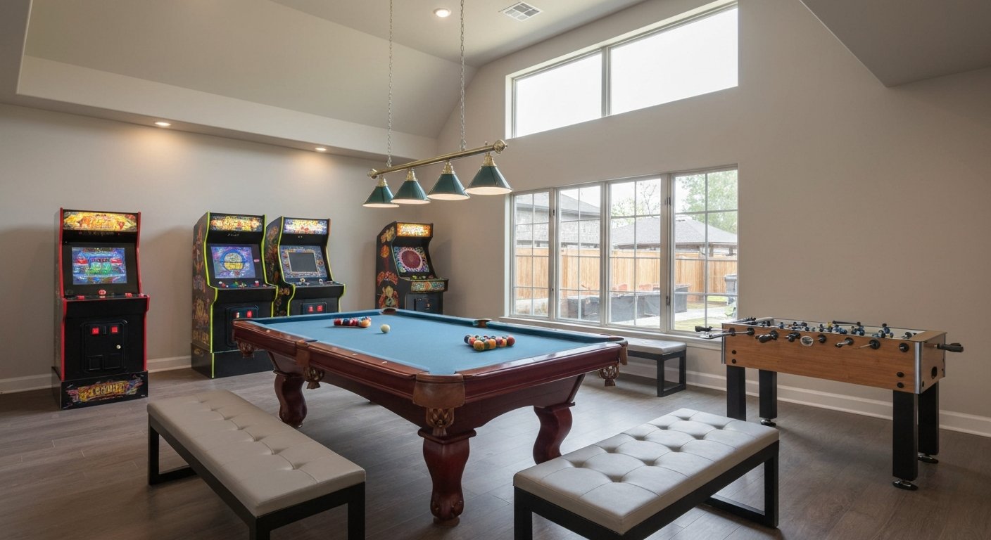 Spacious game room with pool table.