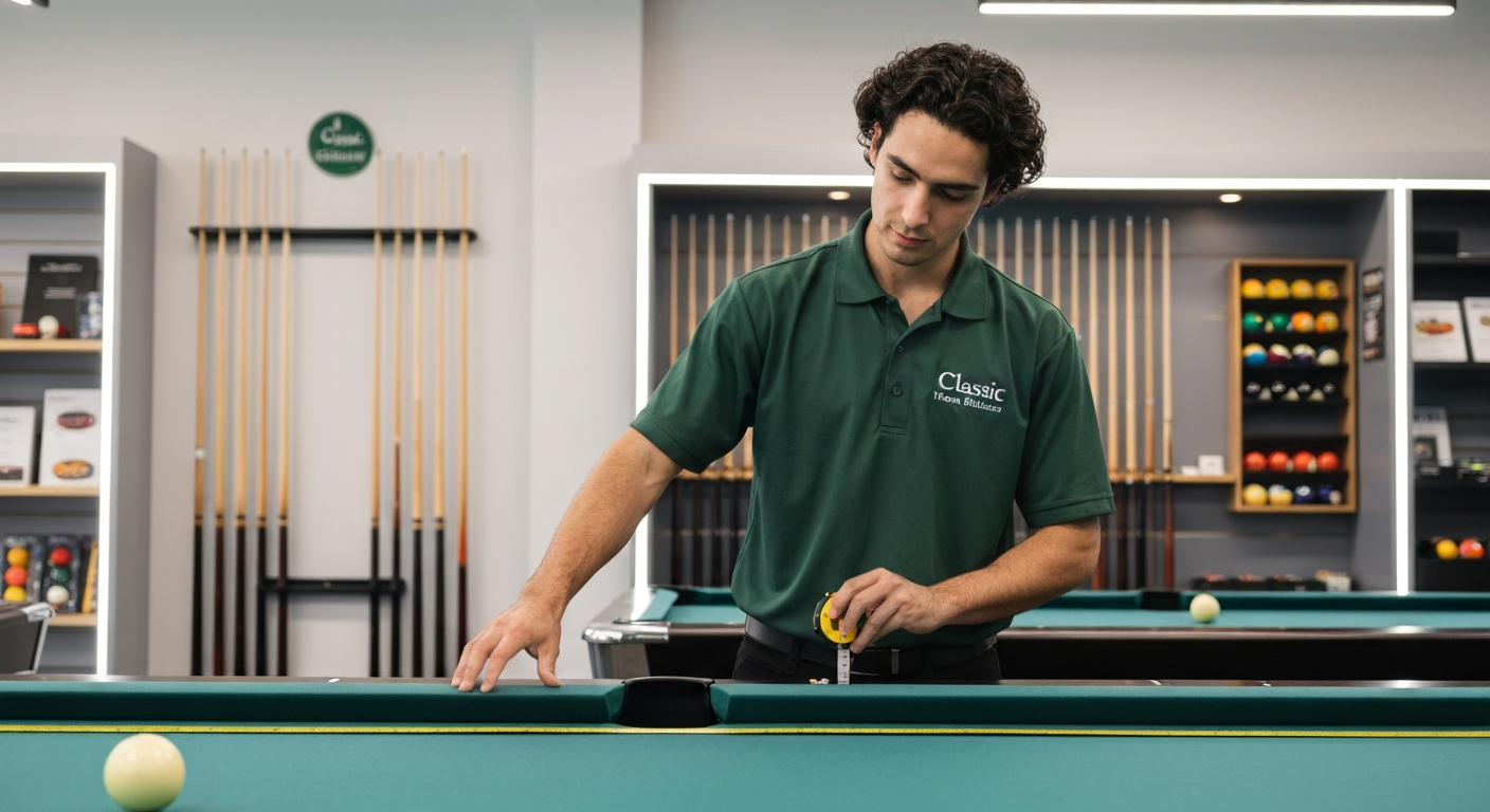 Billiards worker measuring a pool table