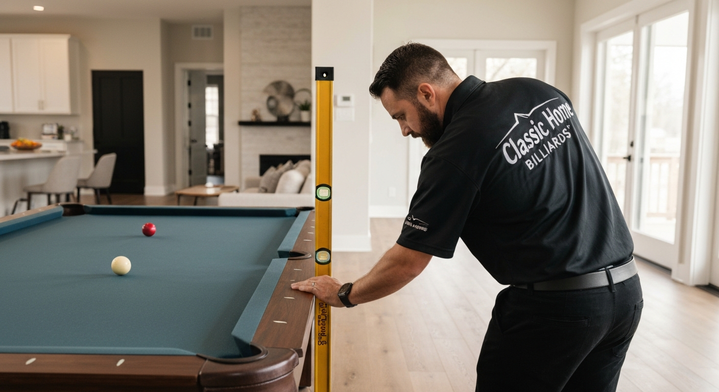 Technician leveling pool table uniformed