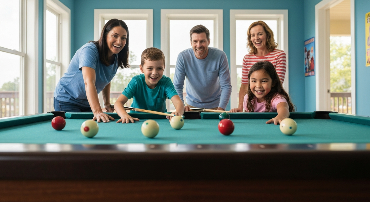 Family playing pool at home