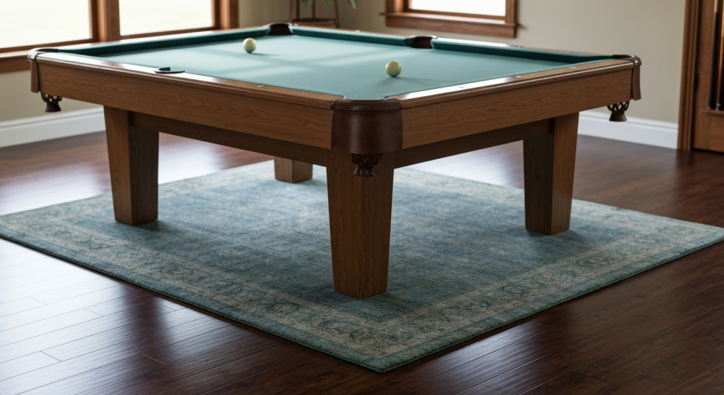 Pool table on hardwood floor and rug