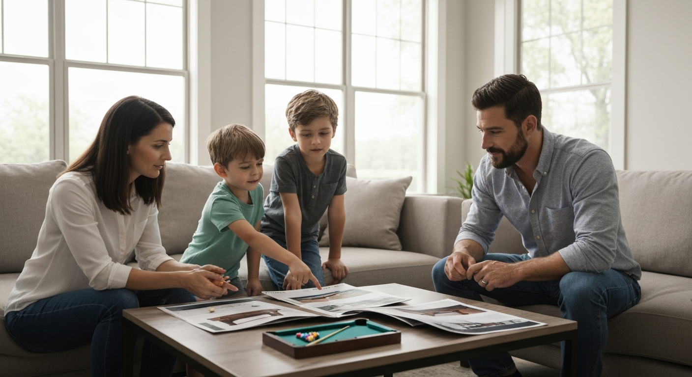 Family choosing pool table at home