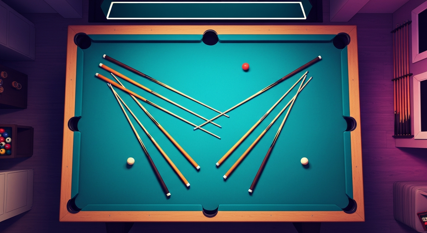Colorful pool cues on home table