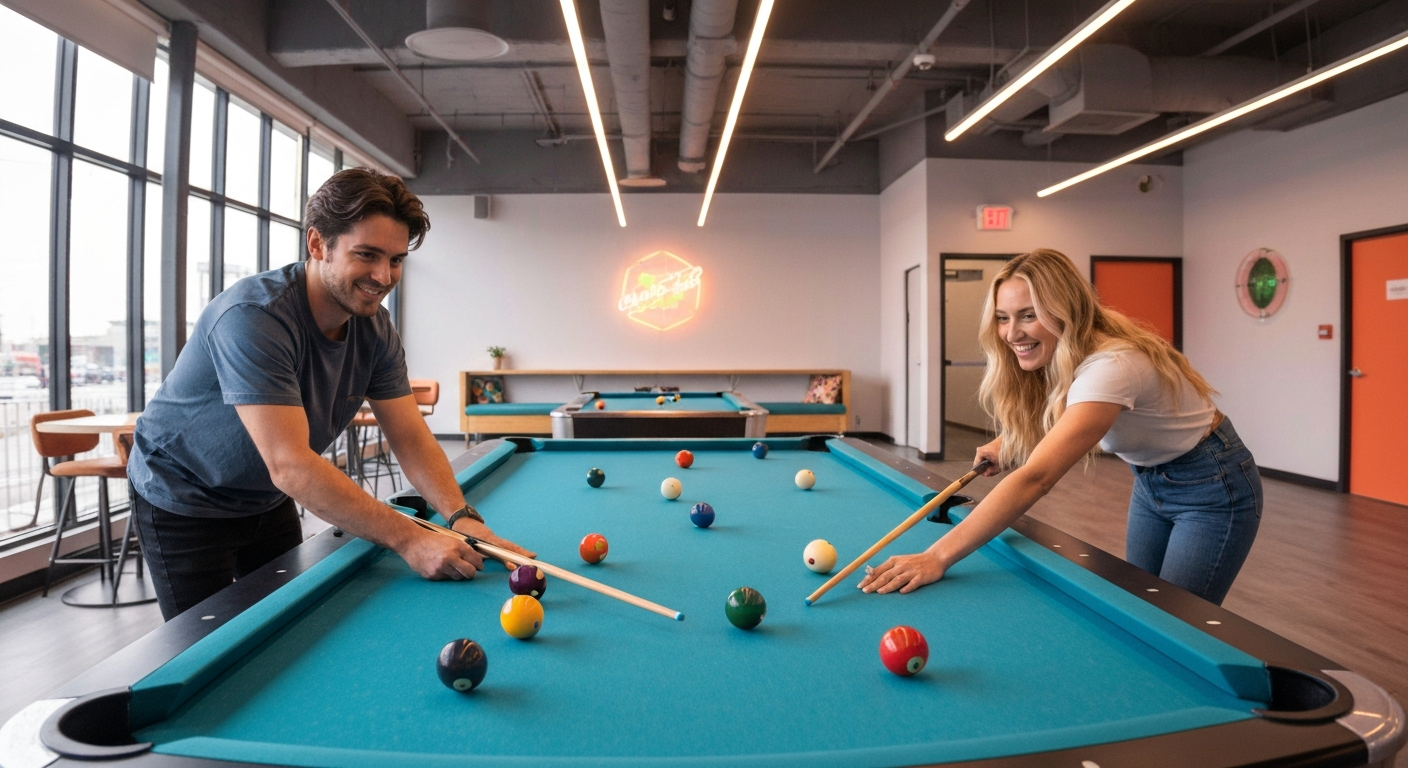 Modern pool room with bright lighting