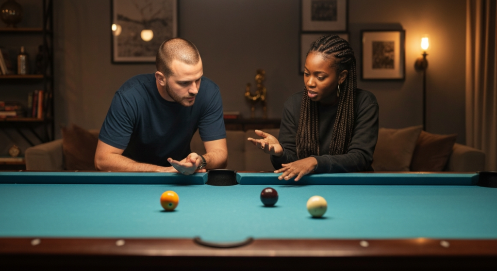 People discussing pool table cloth colors