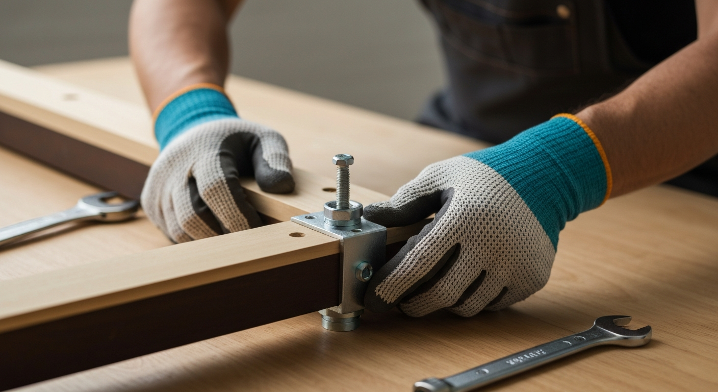 Hands assembling pool table leg