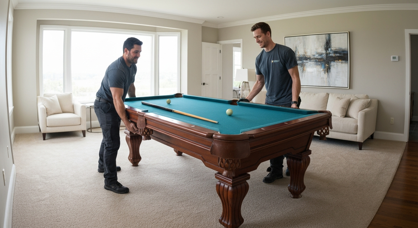 Movers handling pool table indoors