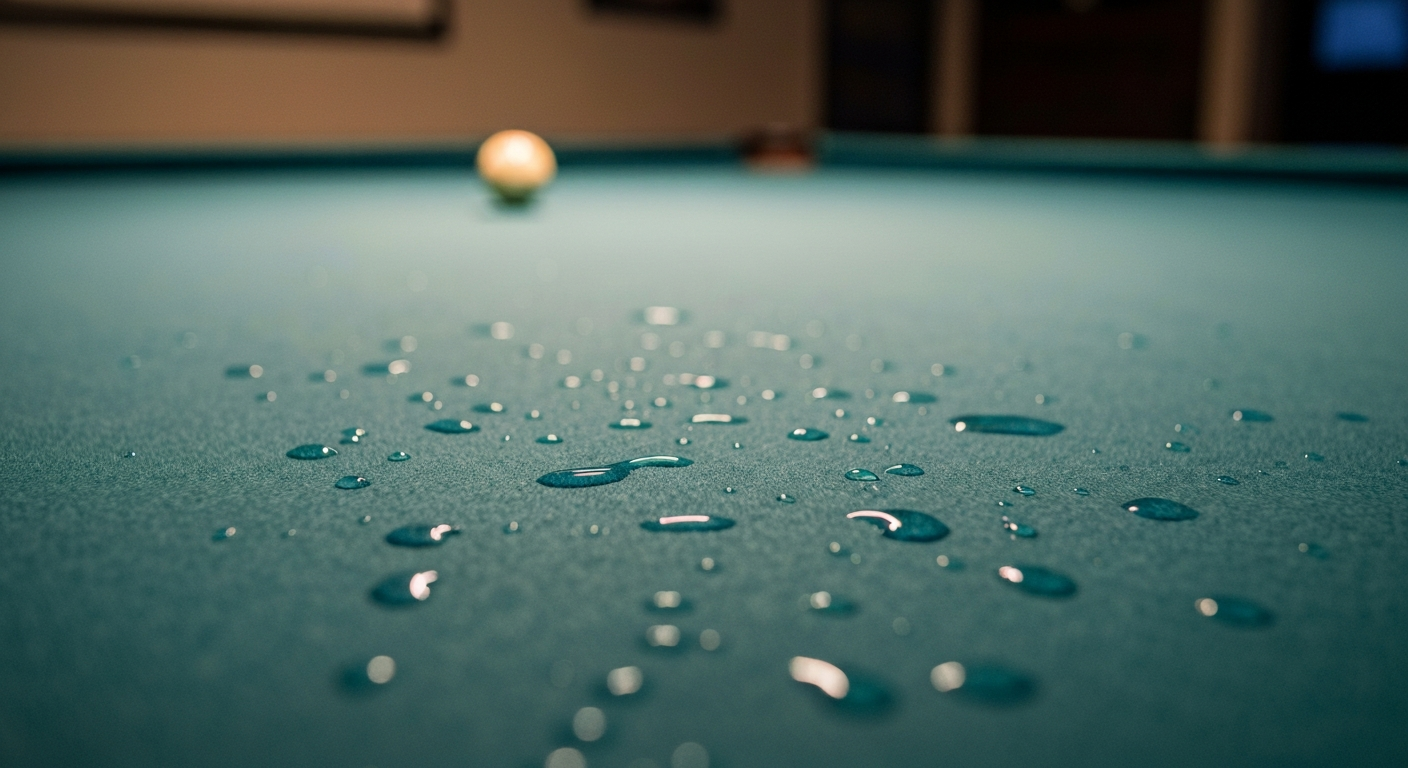 Moisture on pool table felt close-up