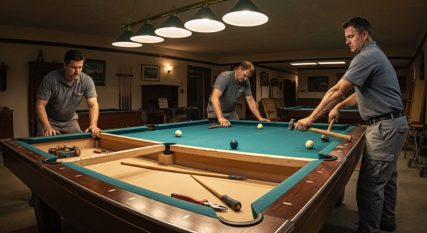 Pool table being disassembled