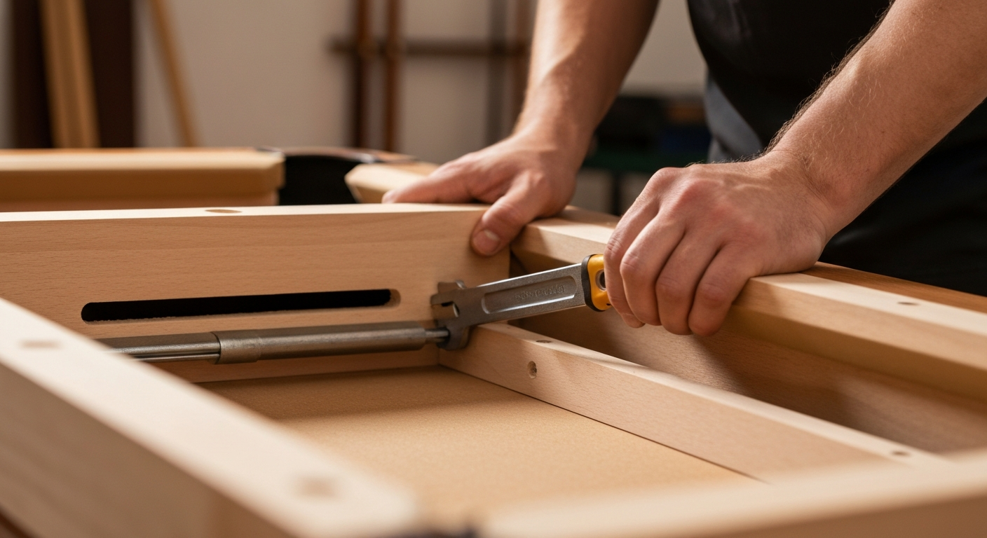 Hands assembling pool table at home