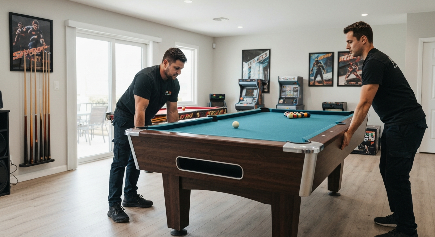 Movers lifting pool table in home
