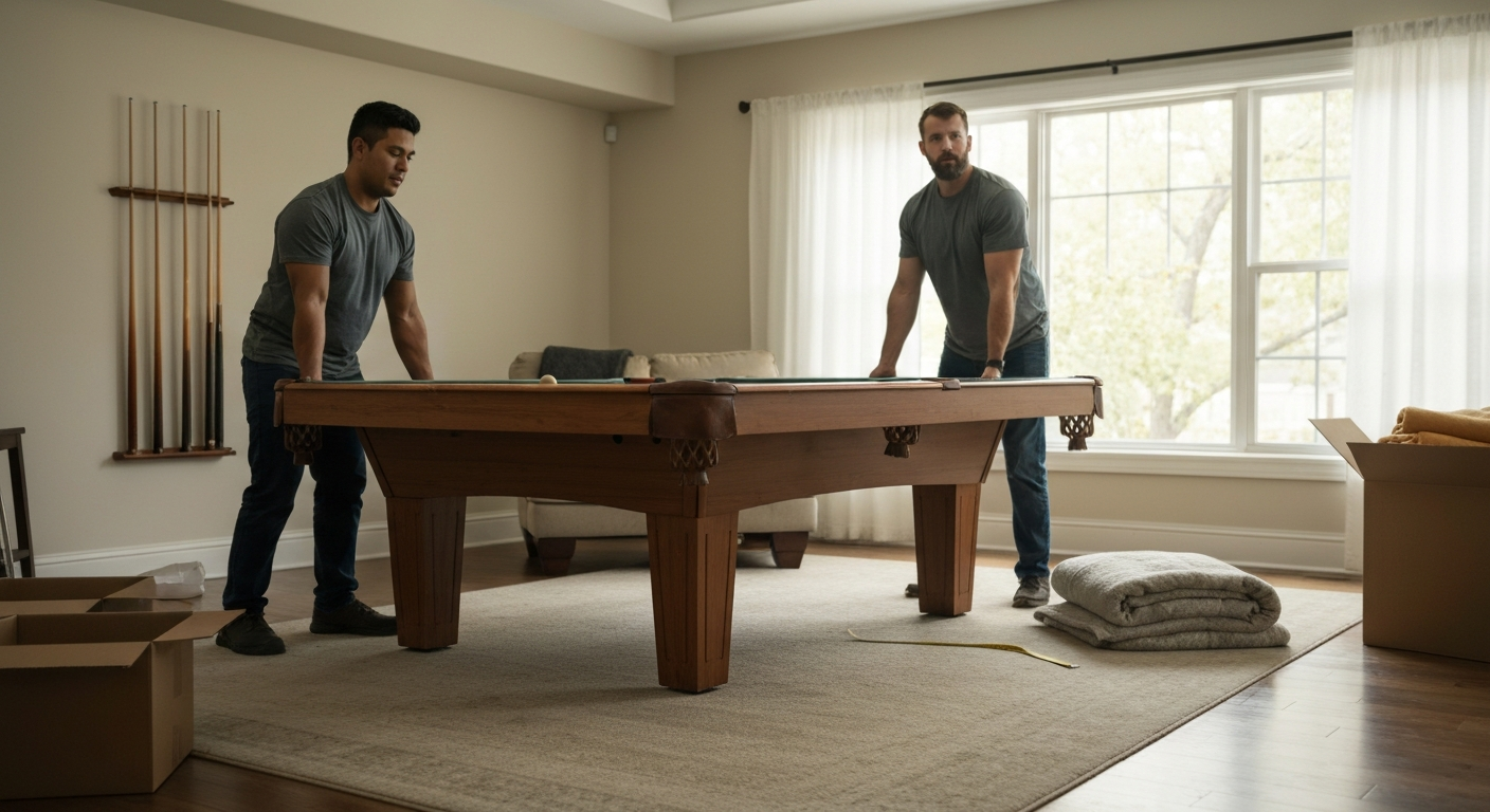 Movers lifting pool table carefully