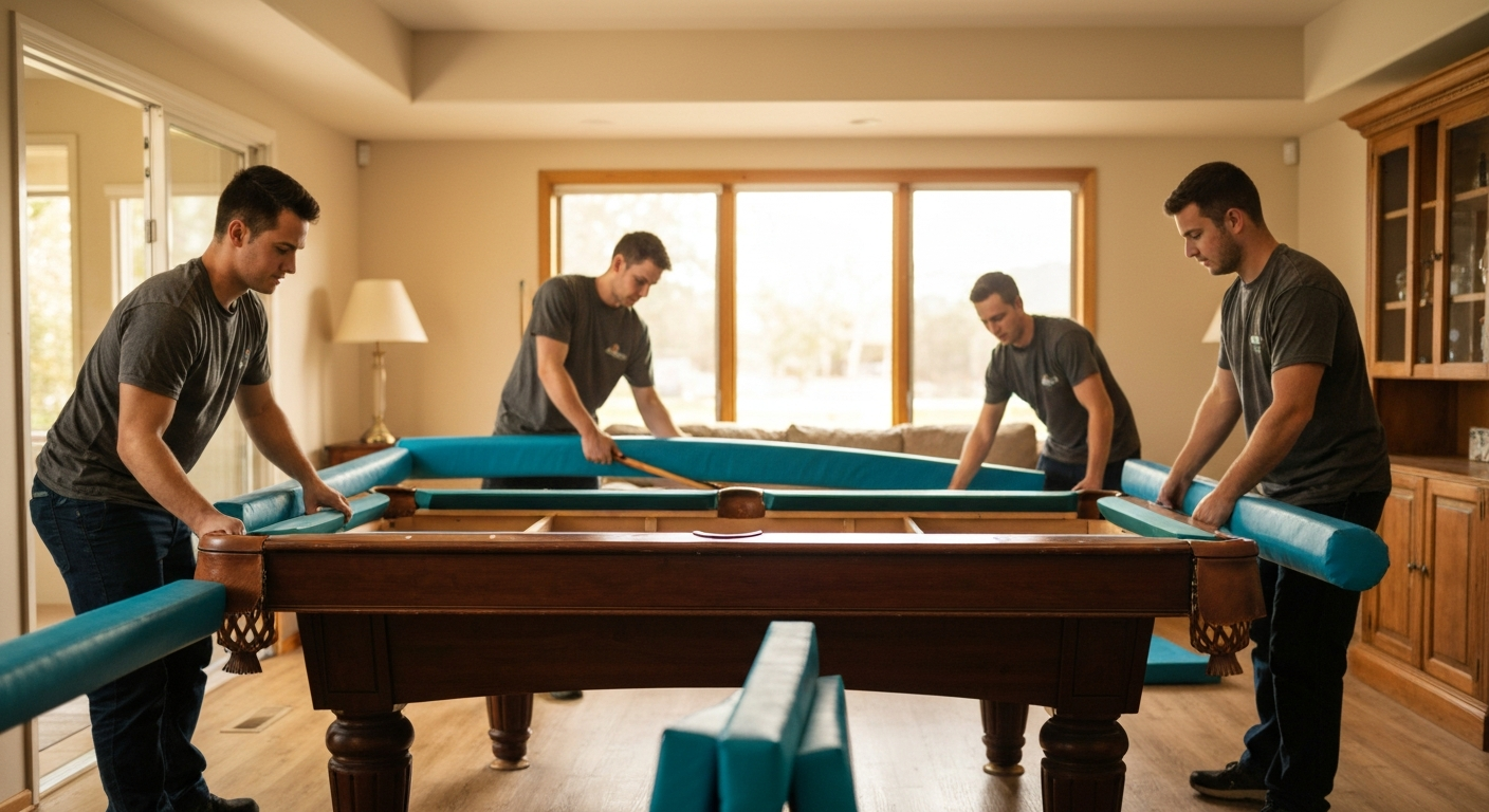 Movers disassembling pool table indoors