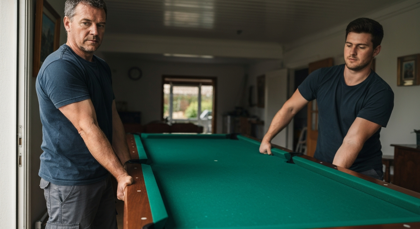 Movers lifting pool table carefully