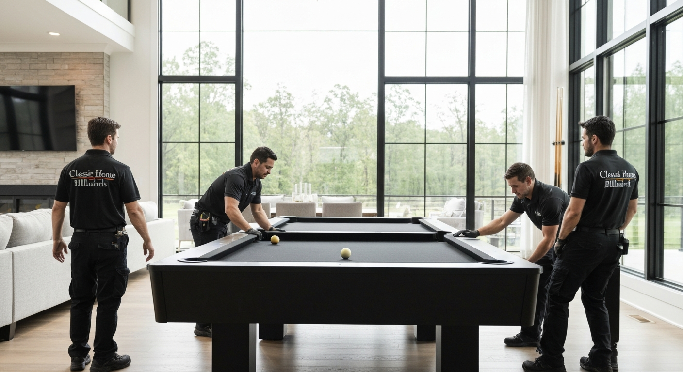 Pool table installers assembling table safely.