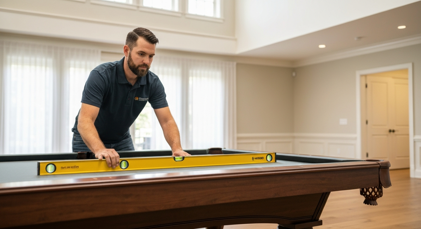 Professional assembling a pool table safely. Professional assembling a pool table safely.